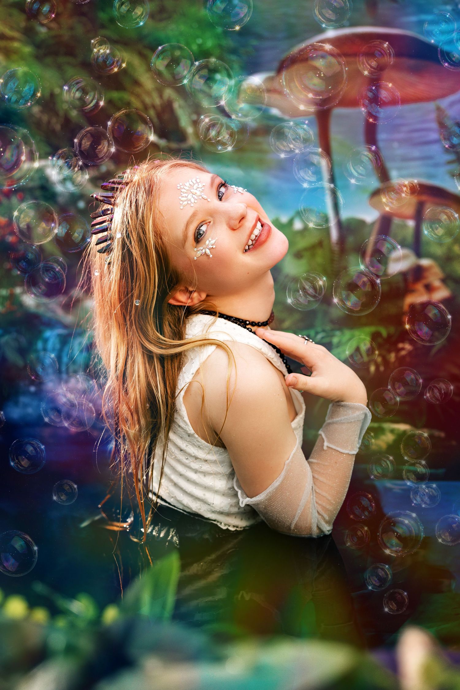 A smiling young blonde woman with crystal face gems is surrounded by colorful soap bubbles in a fantasy scene.
