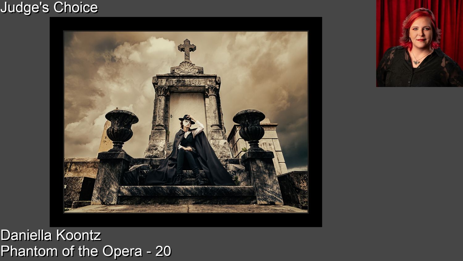 Judge's Choice award presentation for Danielella Koontz's dramatic photo Phantom of the Opera at a cemetery monument.