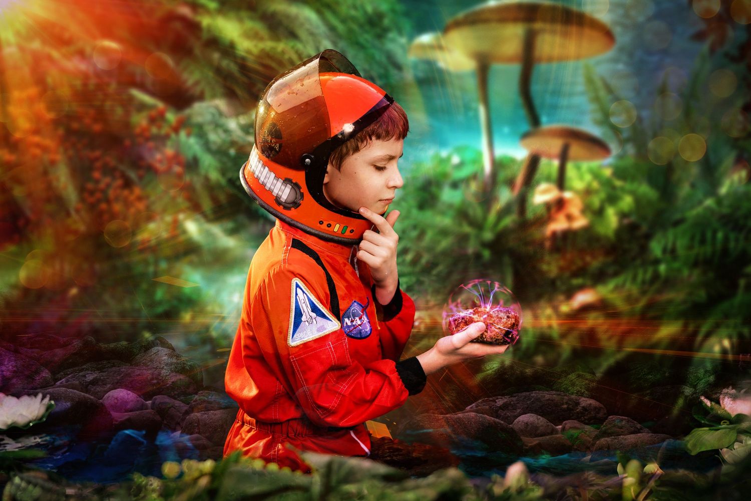 A young boy in an orange astronaut costume holds a glowing crystal in a magical fantasy forest with giant mushrooms.