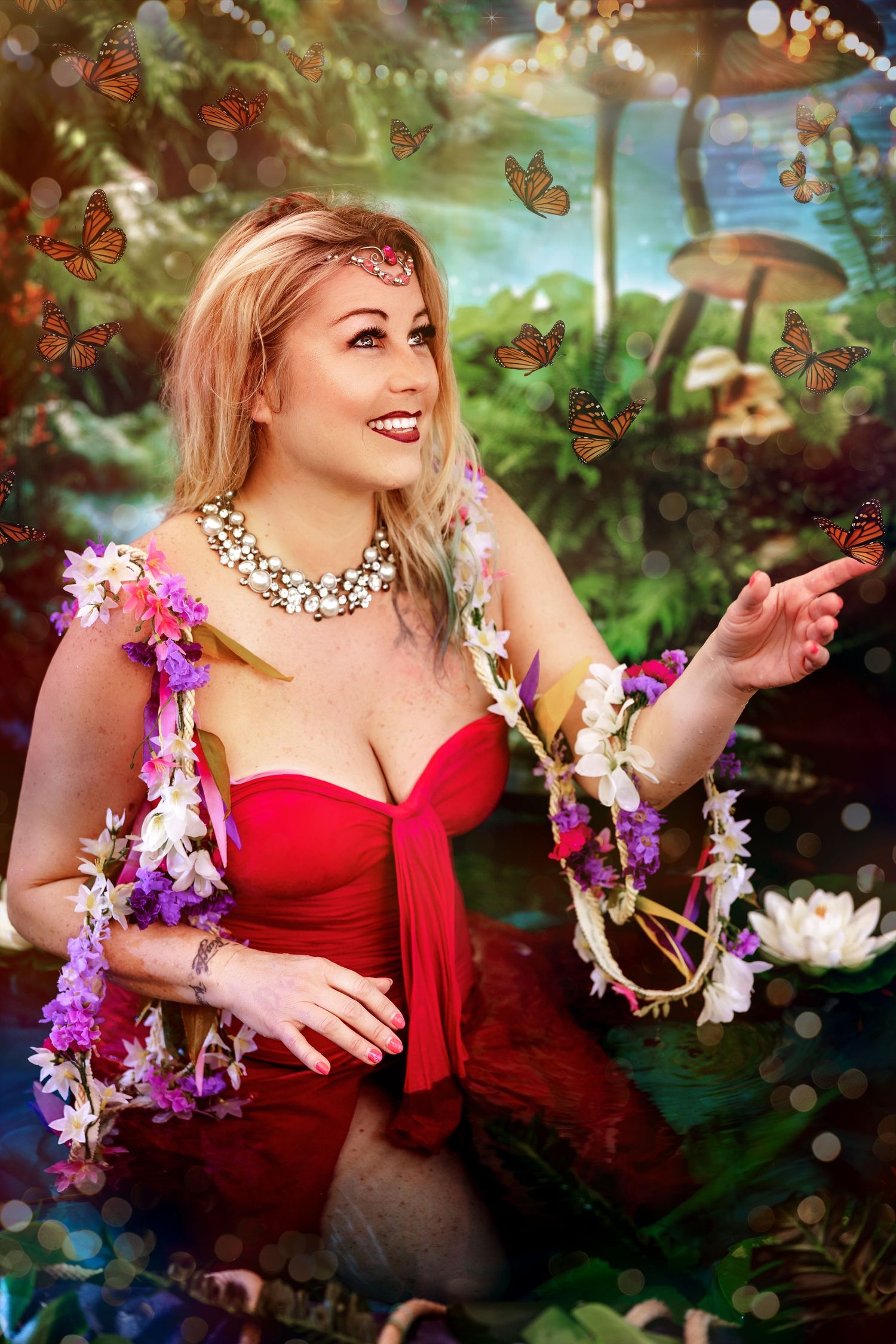 Blonde woman in red dress with floral garland poses in enchanted forest with monarch butterflies.