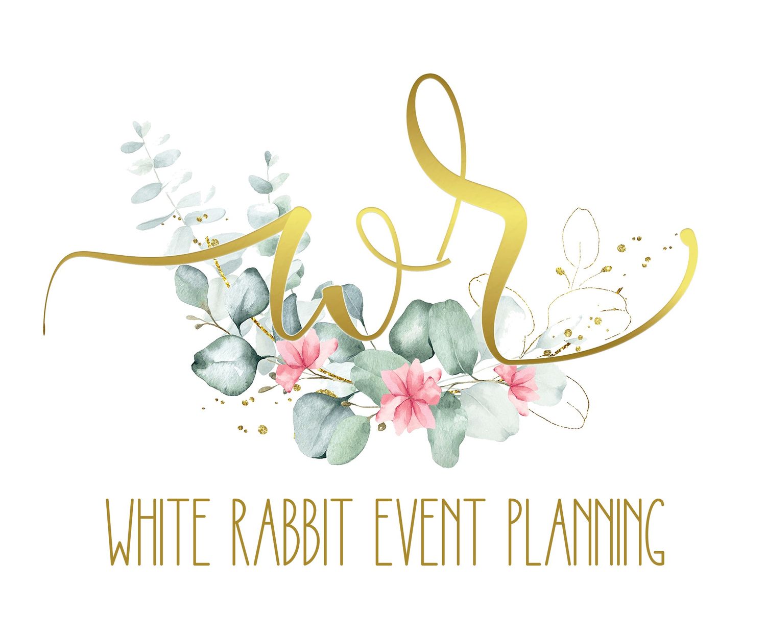 White Rabbit Event Planning logo with gold monogram, eucalyptus greenery, and pink floral accents on white background.