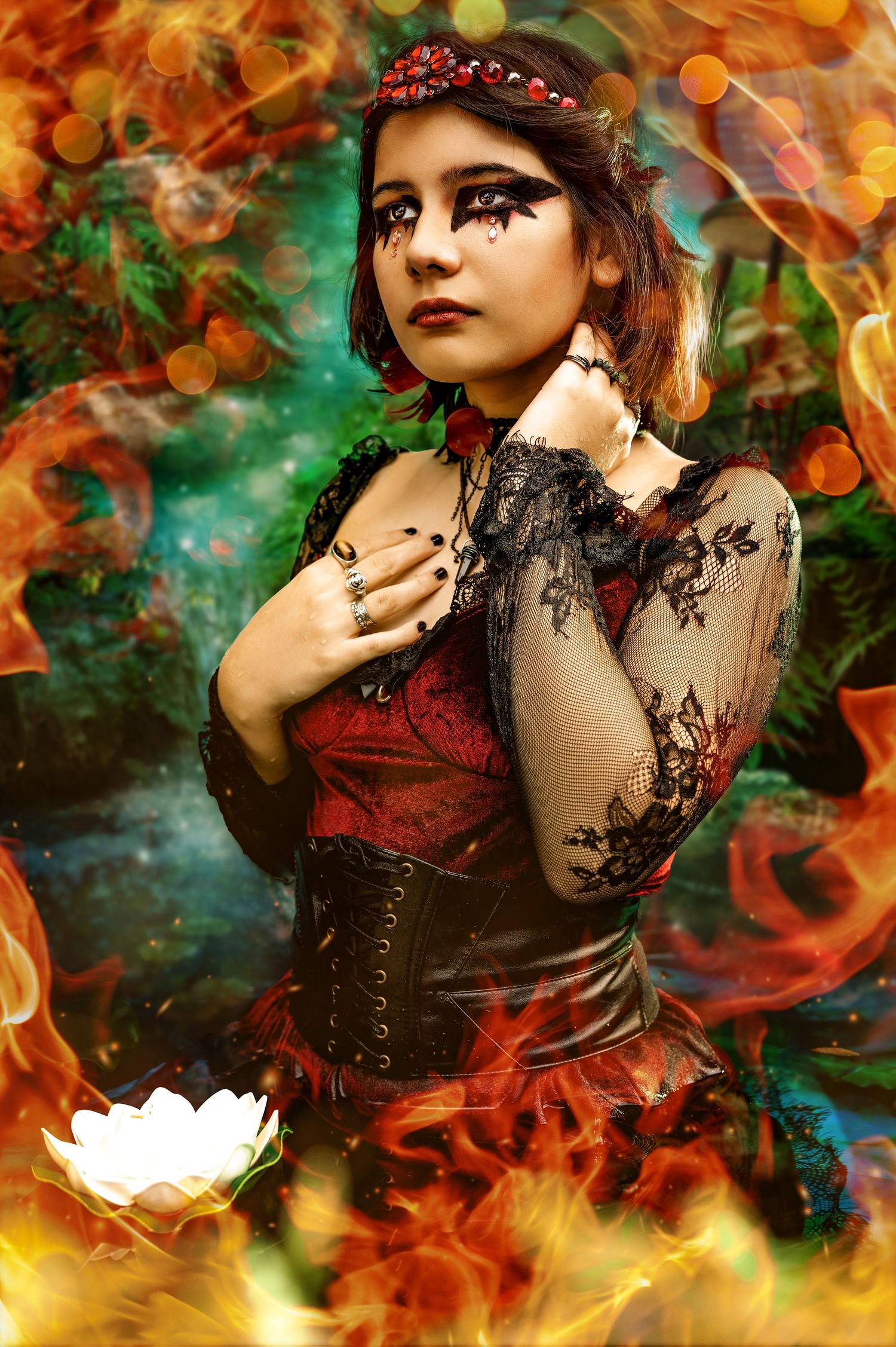 A dramatic young woman in a red corset and lace gloves poses surrounded by flames in a fantasy forest setting.