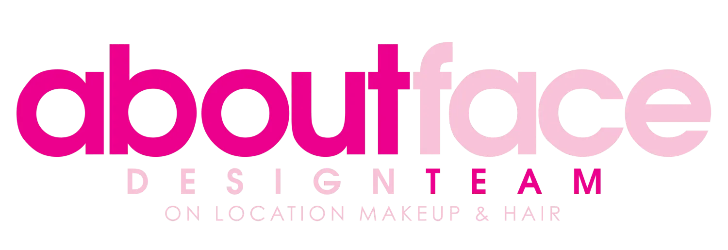 About Face Design Team on-location makeup and hair services logo in bold pink and gray typography.