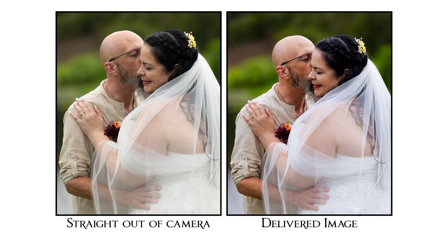 Side-by-side comparison of wedding photo before and after editing, showing couple embracing under bridal veil.