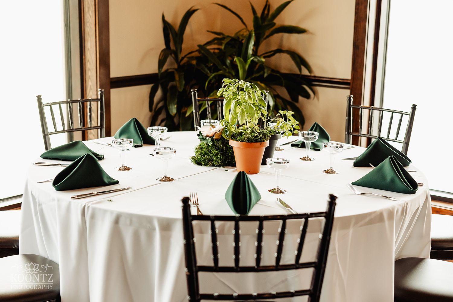 Elegant wedding reception table with emerald napkins and potted plant centerpiece.