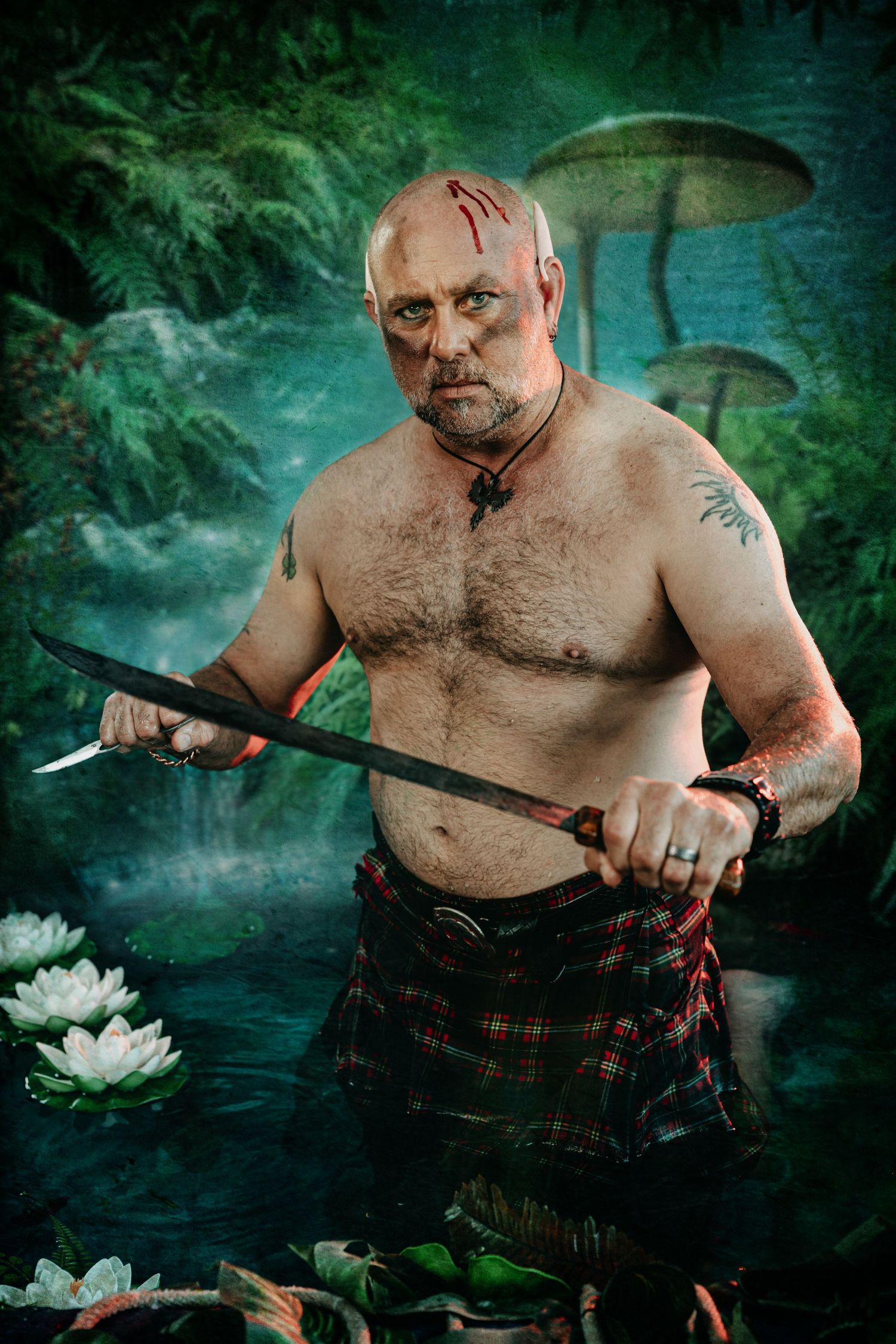Shirtless bald man in tartan kilt holds knife with battle wounds in mystical mushroom forest.