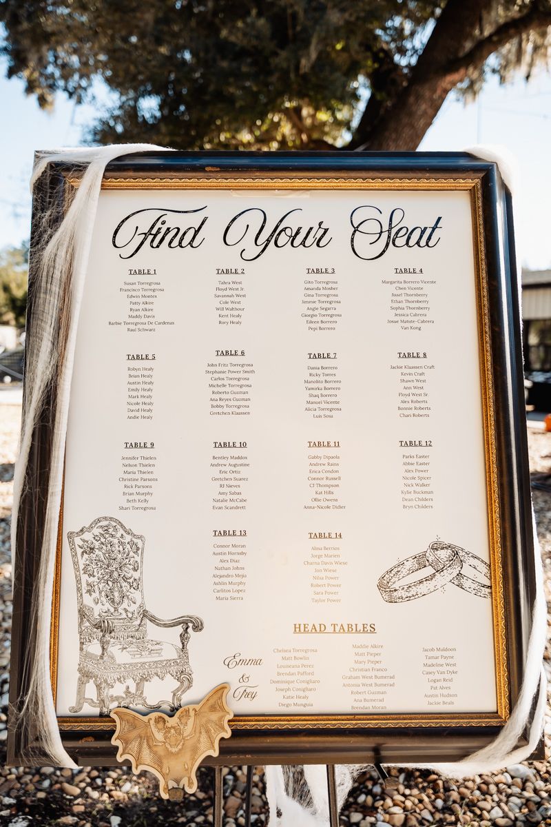 Elegant wedding seating chart display with vintage-style illustrations and table assignments on a dark framed board.