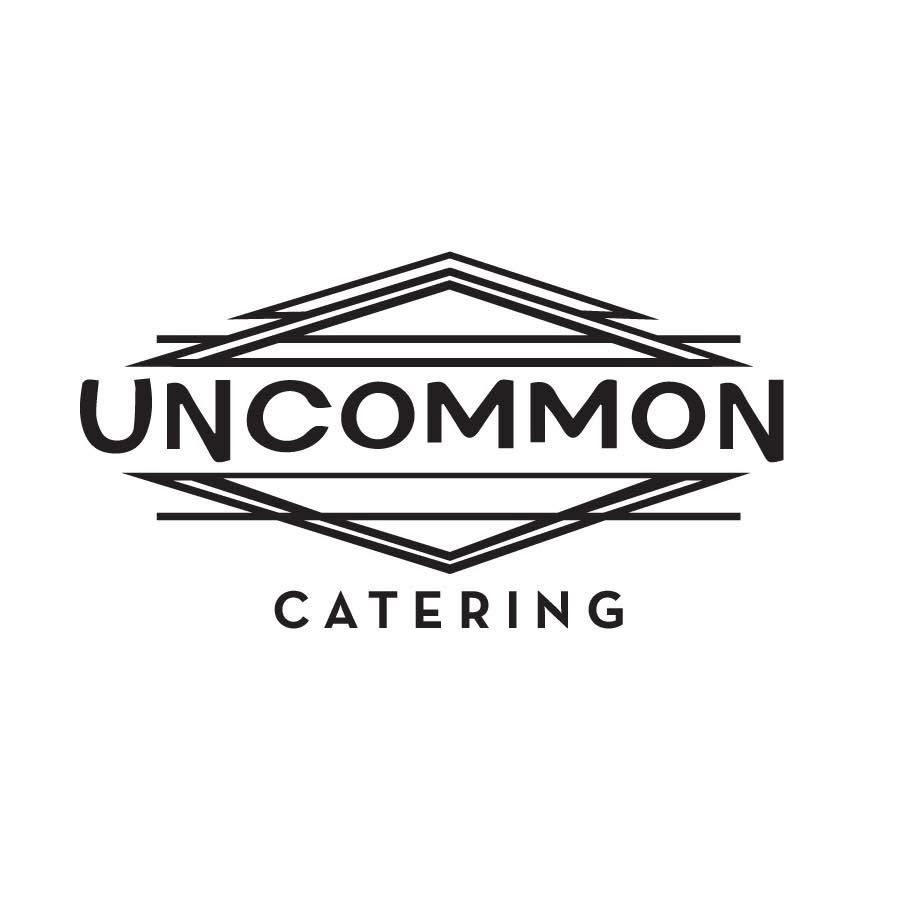 Black and white logo for Uncommon Catering featuring geometric diamond shape with decorative lines.