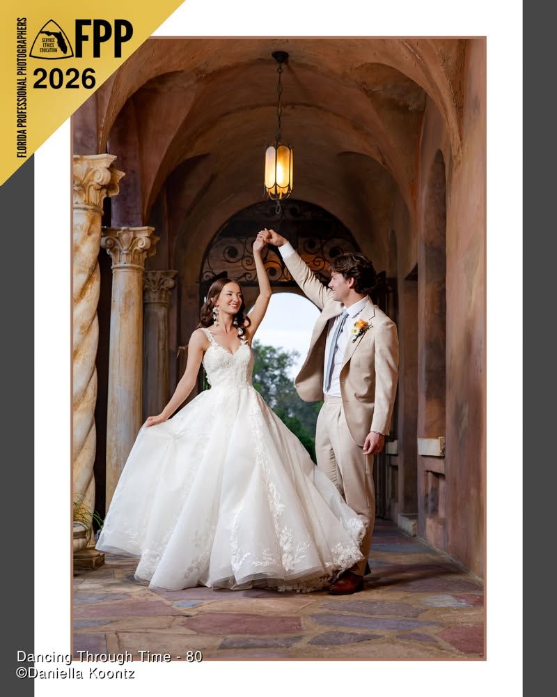 FPP 2026 award-winning wedding photo of bride and groom dancing under an ornate archway at sunset.