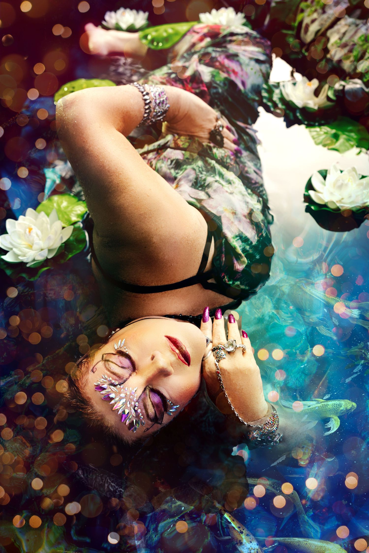 Woman with crystal face gems and jewelry floats in lily pond in colorful fantasy portrait.