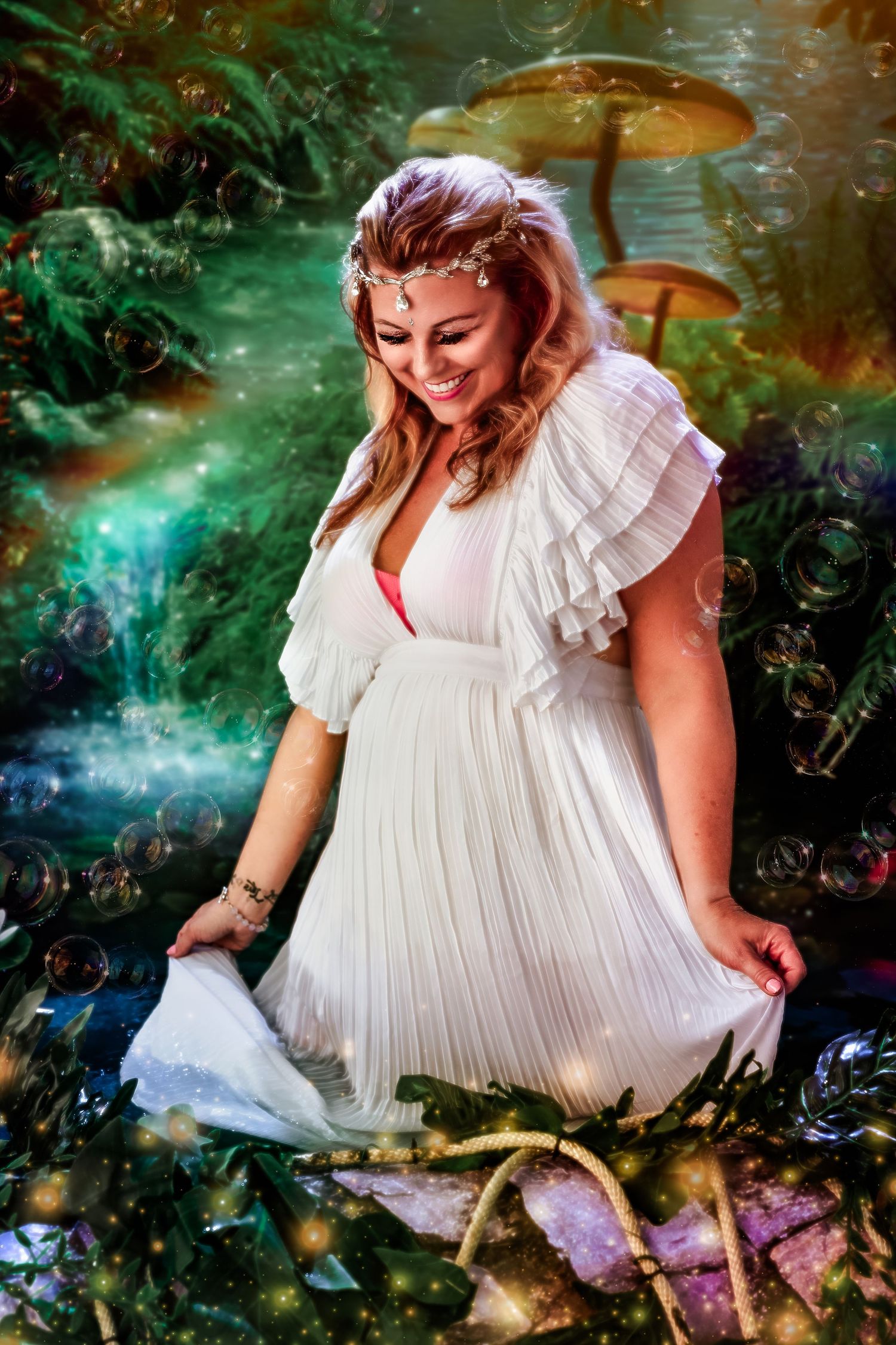 Woman in white fairy dress smiling in enchanted forest with mushrooms and magical bubbles.