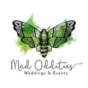 Mad Oddities Weddings & Events logo featuring a decorative death's-head moth with green watercolor wings.
