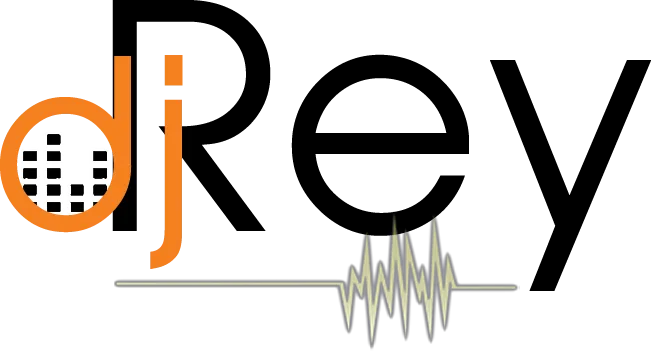 DJ Rey logo featuring bold typography with orange and black colors, sound wave graphic, and music equalizer icon.