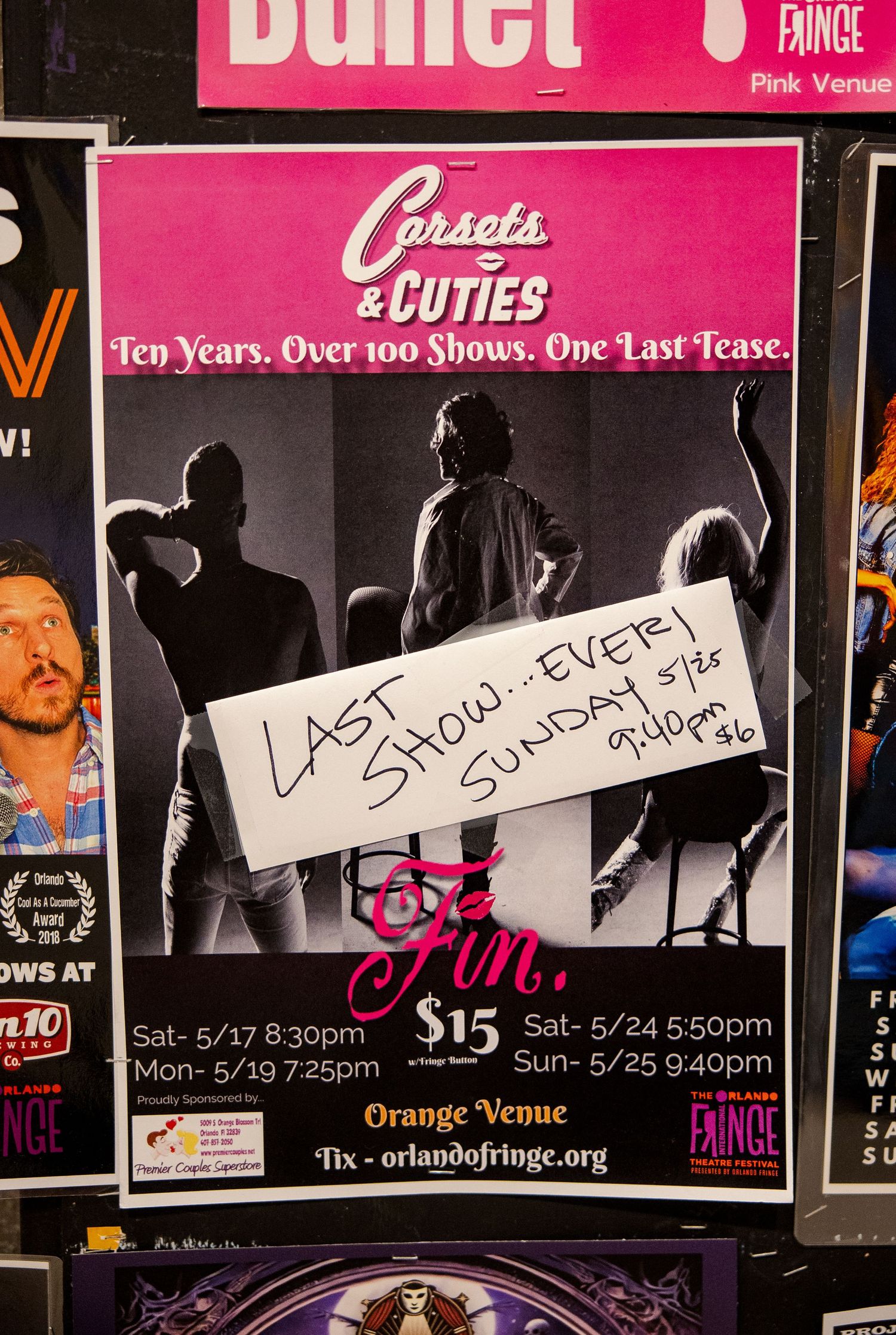 Carsets and Cuties final show poster advertising last performance at Orange Venue.