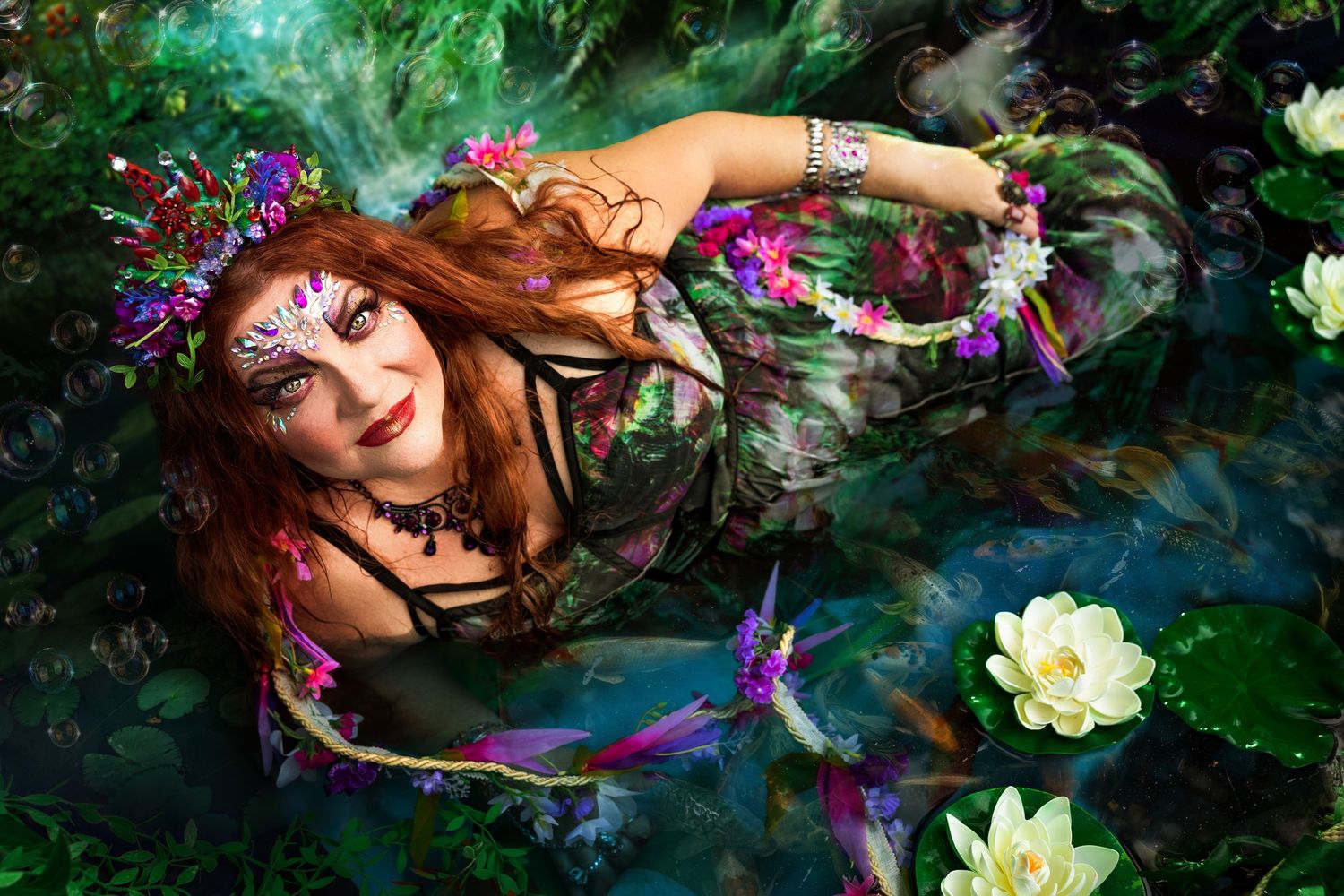 Red-haired woman in floral crown and gown floats in lily pond in enchanted fantasy portrait.