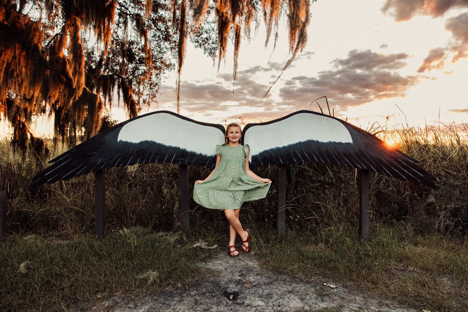 Child in mint dress poses with large artificial wings against dramatic sunset.