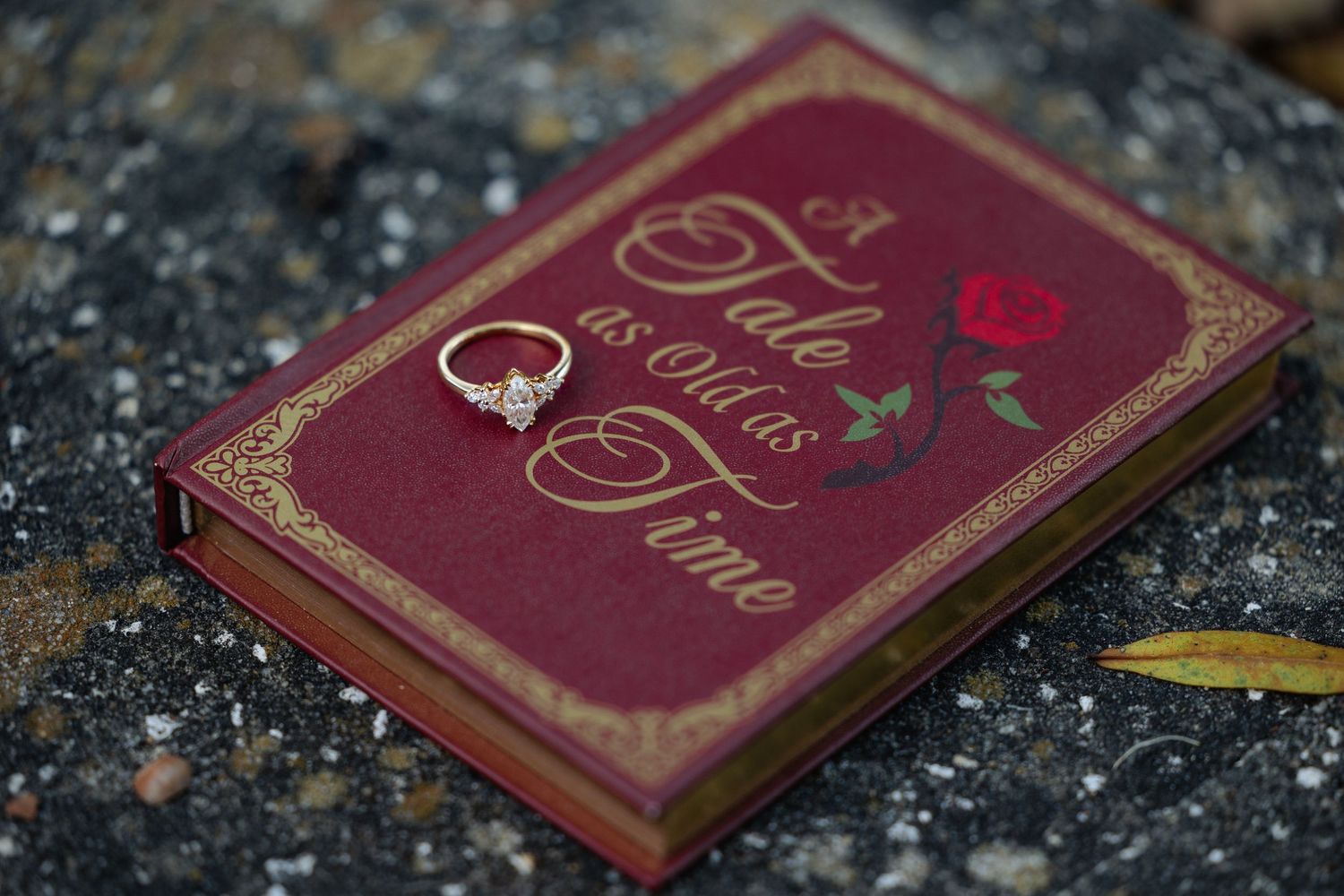 Diamond engagement ring displayed on Beauty and the Beast tale as old as time book.