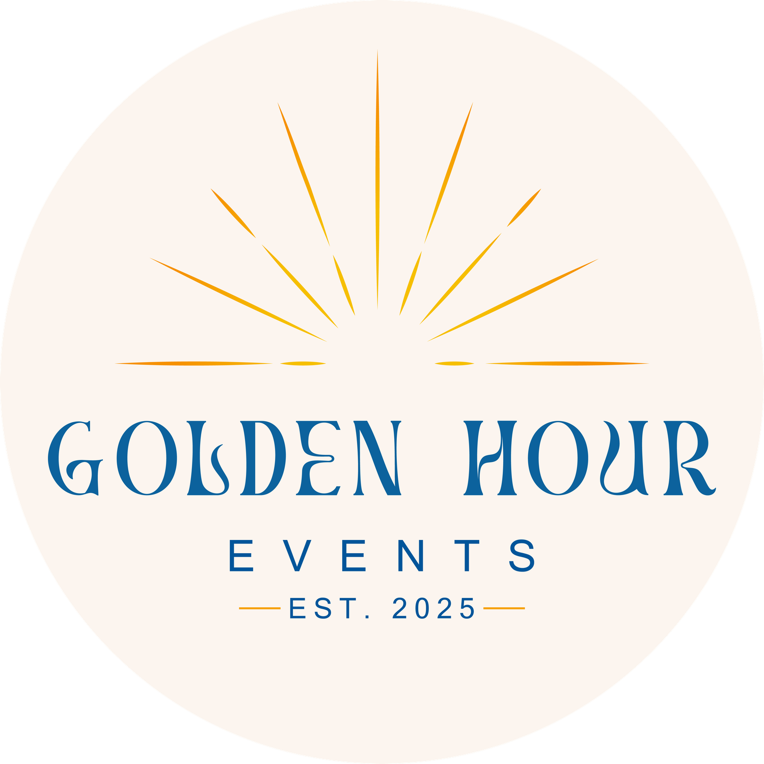 Golden Hour Events Est. 2025 circular logo with sunburst design in gold and blue on a cream background.