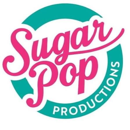 Sugar Pop Productions logo with pink cursive text on a teal circular badge with white border.
