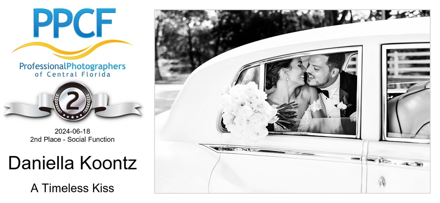 PPCF 2nd place Social Function award certificate for Danielella Koontz titled A Timeless Kiss with wedding couple.