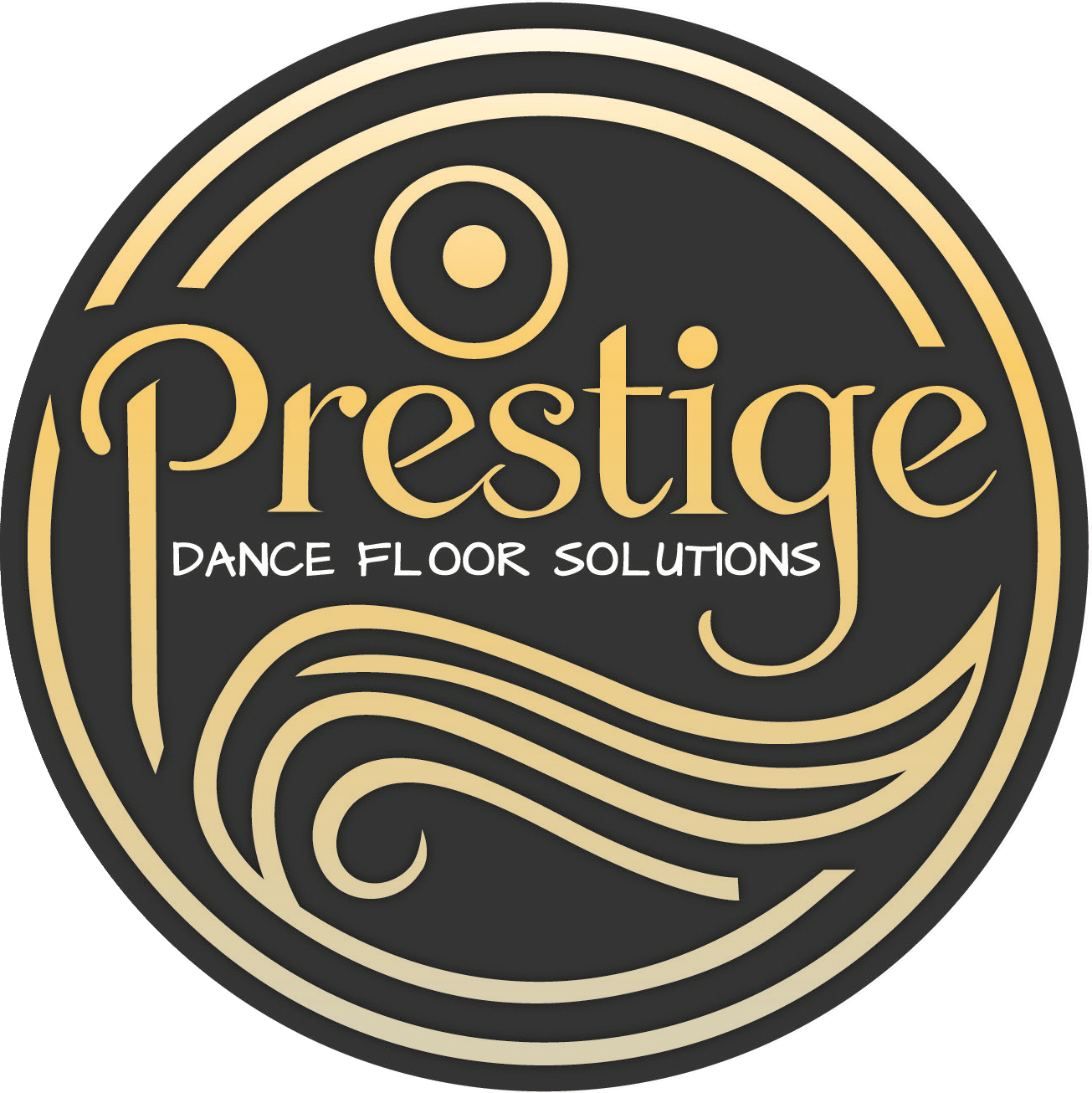 Prestige Dance Floor Solutions logo featuring elegant gold script on a dark circular badge with decorative swirl accents.