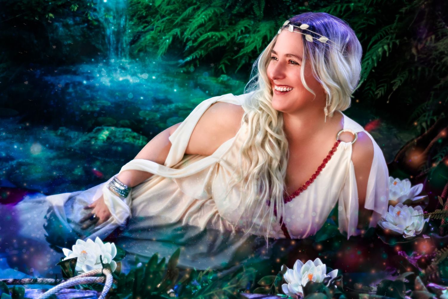 Blonde woman in white dress reclining by magical waterfall with white flowers and fairy lights.