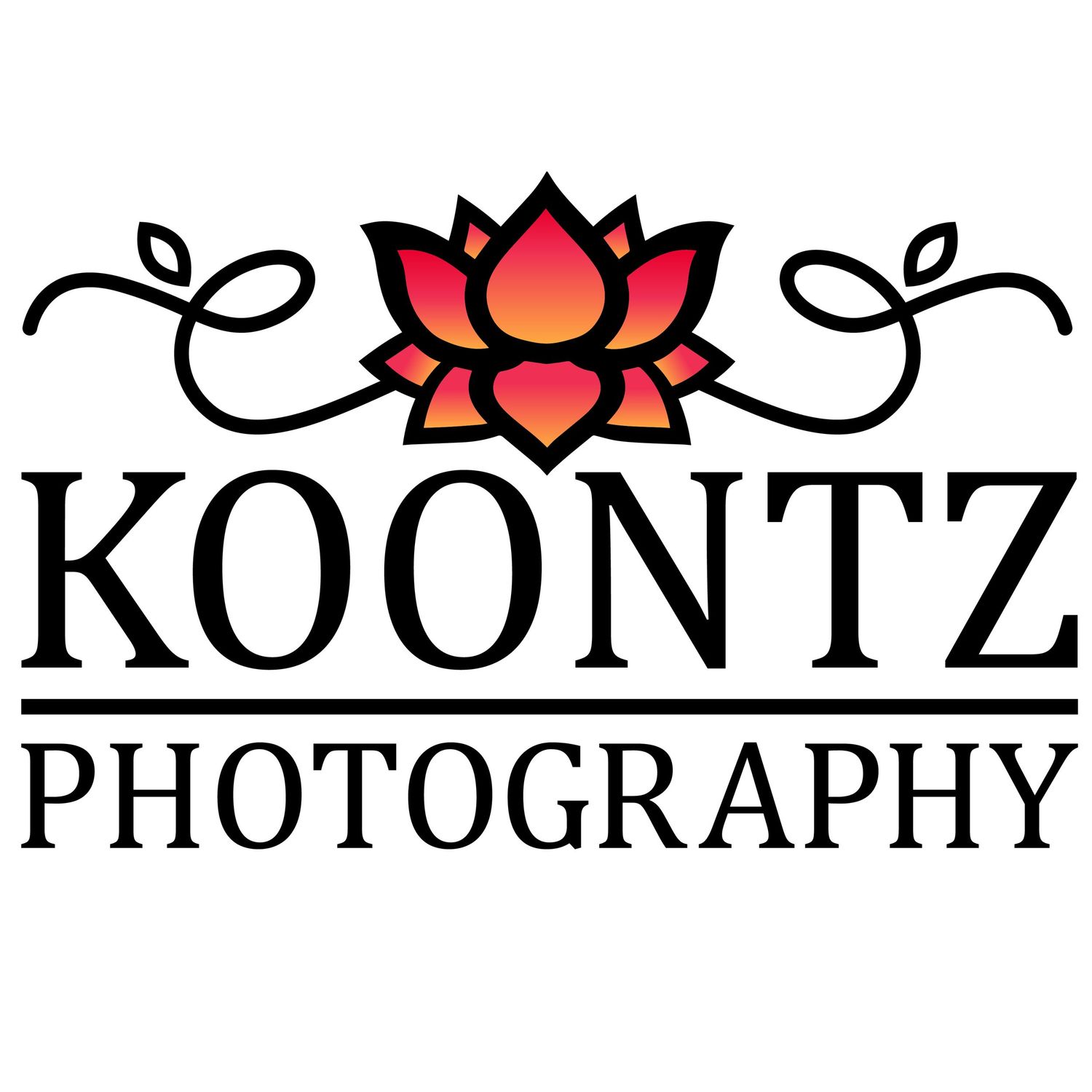 Koontz Photography logo featuring a red and orange lotus flower with elegant black serif typography and decorative swirl accents.
