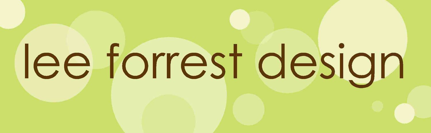 Lee Forrest Design logo on a green background with white bokeh circles and brown text.