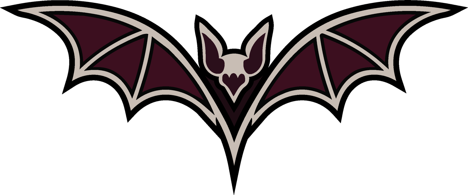 Dark maroon and black bat logo with spread wings, sharp details, and a menacing face, ideal for sports team branding.