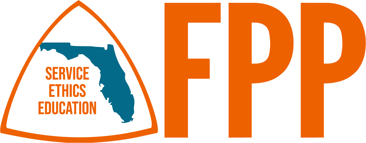 FPP Florida badge with orange triangle logo featuring Service Ethics Education and state outline.
