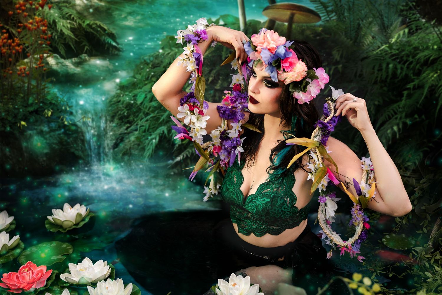 Fantasy forest nymph with floral crown holding flower garlands in enchanted pond with water lilies.