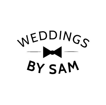 Black and white logo for Weddings By Sam featuring elegant curved text and a classic bow tie graphic emblem.