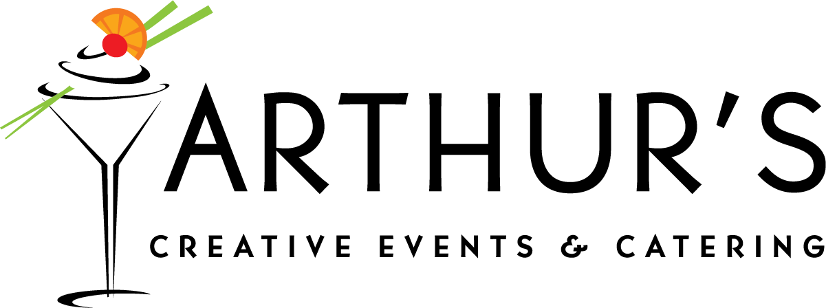 Arthur's Creative Events & Catering logo featuring a martini glass with an olive and cocktail pick on a white background.
