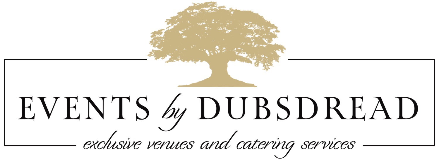 Events by Dubsdread logo featuring a gold oak tree above elegant serif text for exclusive venues and catering services.