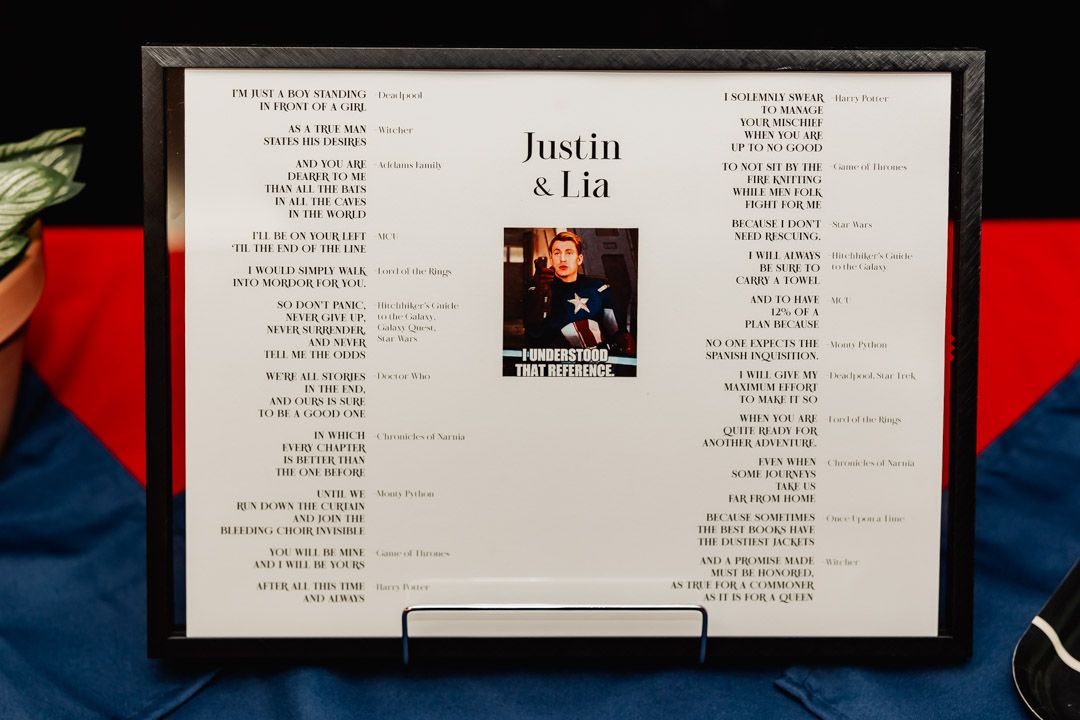 A framed wedding song list display with text in black and white.