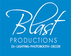 Blast Productions logo featuring DJ, lighting, photo booth, and decor services on a bright blue background.