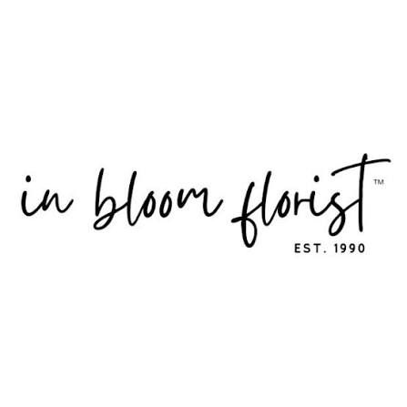 In Bloom Florist logo in elegant script font, established 1990, displayed in black on white background.