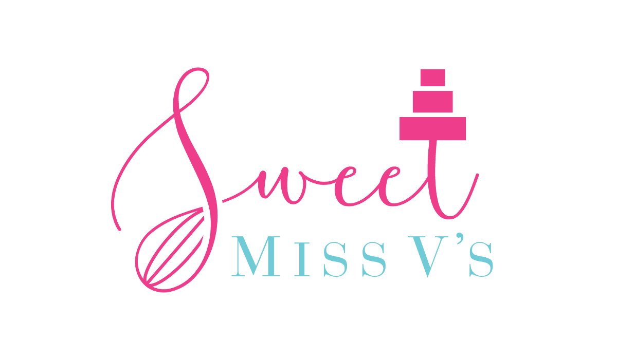 Sweet Miss V's bakery logo featuring pink cursive text, a whisk, and a tiered wedding cake in pink and teal.