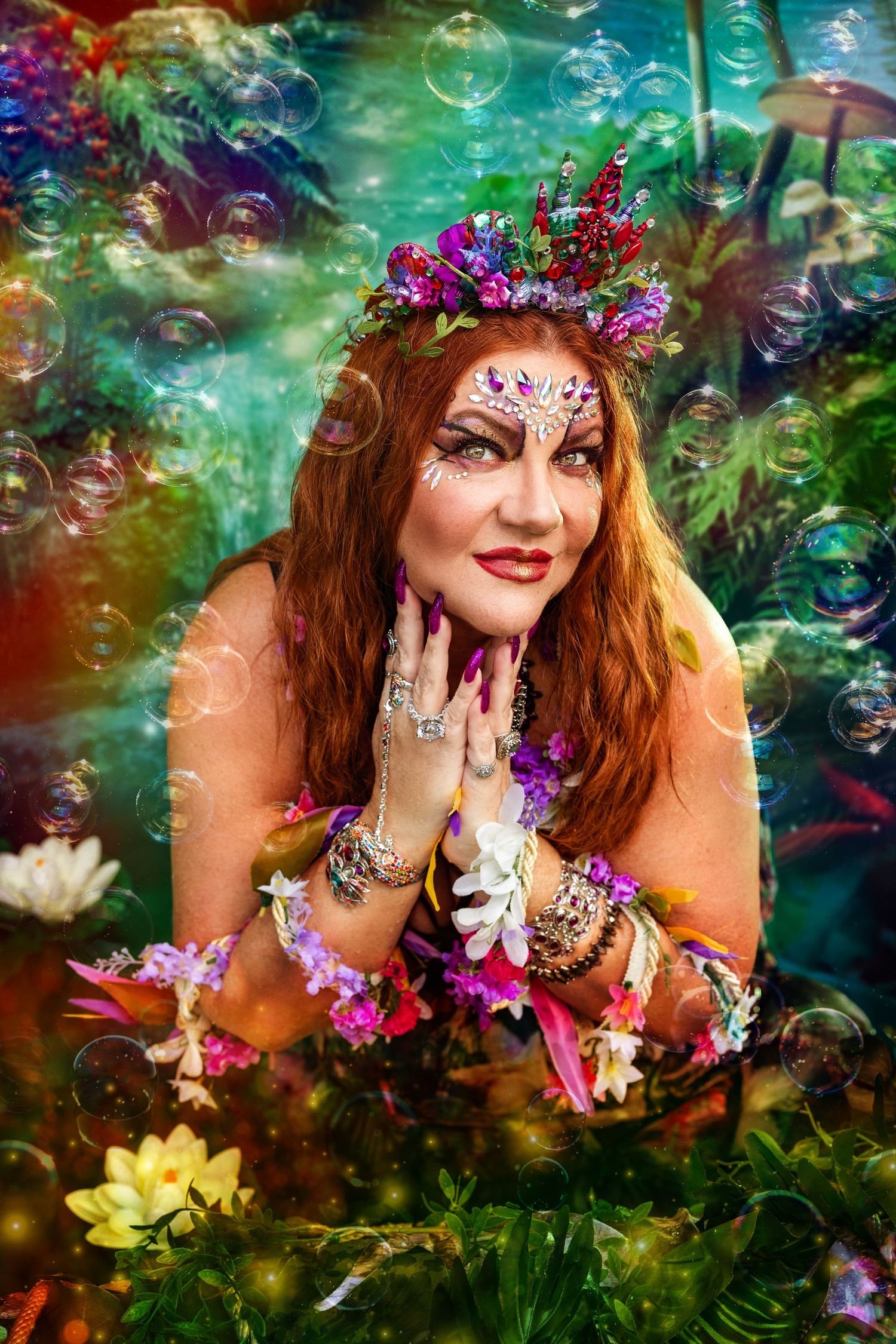 A redhead woman wearing a floral crown and jeweled face gems poses with colorful flowers in a magical garden.