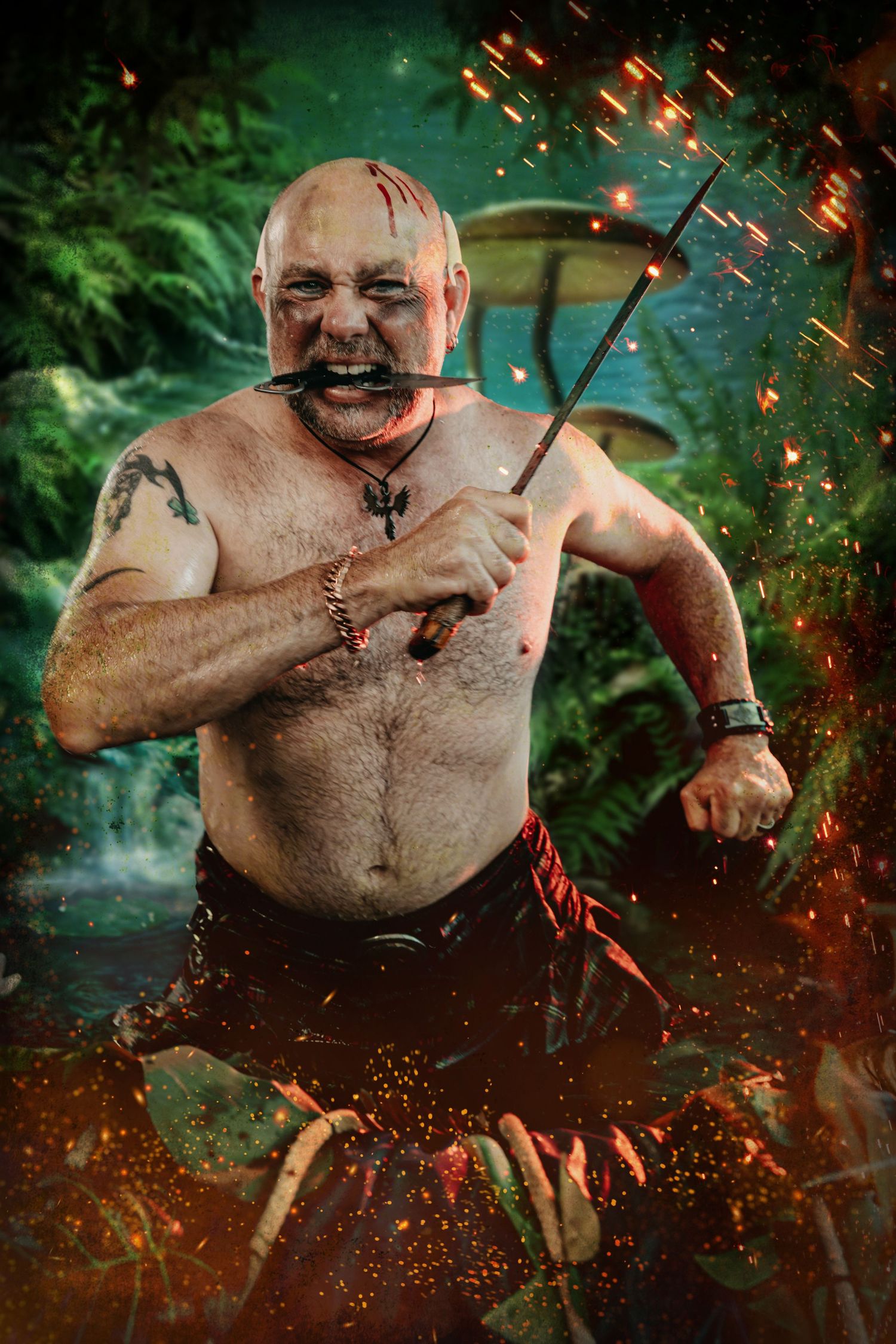 Shirtless bald warrior with tattoos holds weapon amid fire sparks in jungle fantasy action scene.