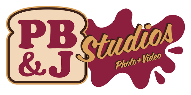 PB&J Studios logo featuring bold letters on a toast slice with a maroon jelly splash and Photo+Video tagline.