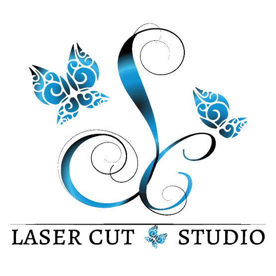 Laser Cut Studio logo featuring elegant blue butterflies and swirling calligraphy design on white background.