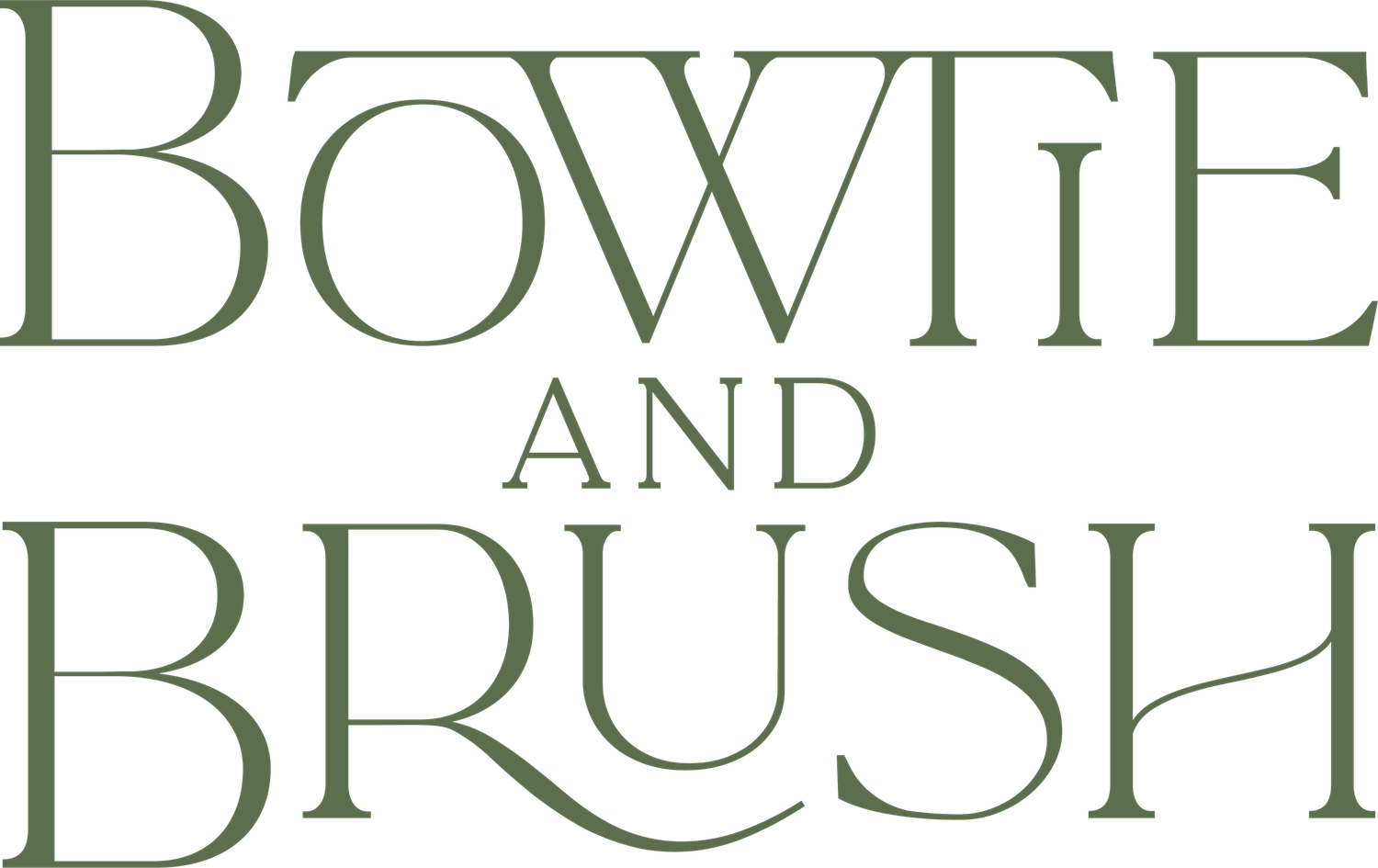 Bowtie and Brush logo in elegant sage green serif typography on white background.