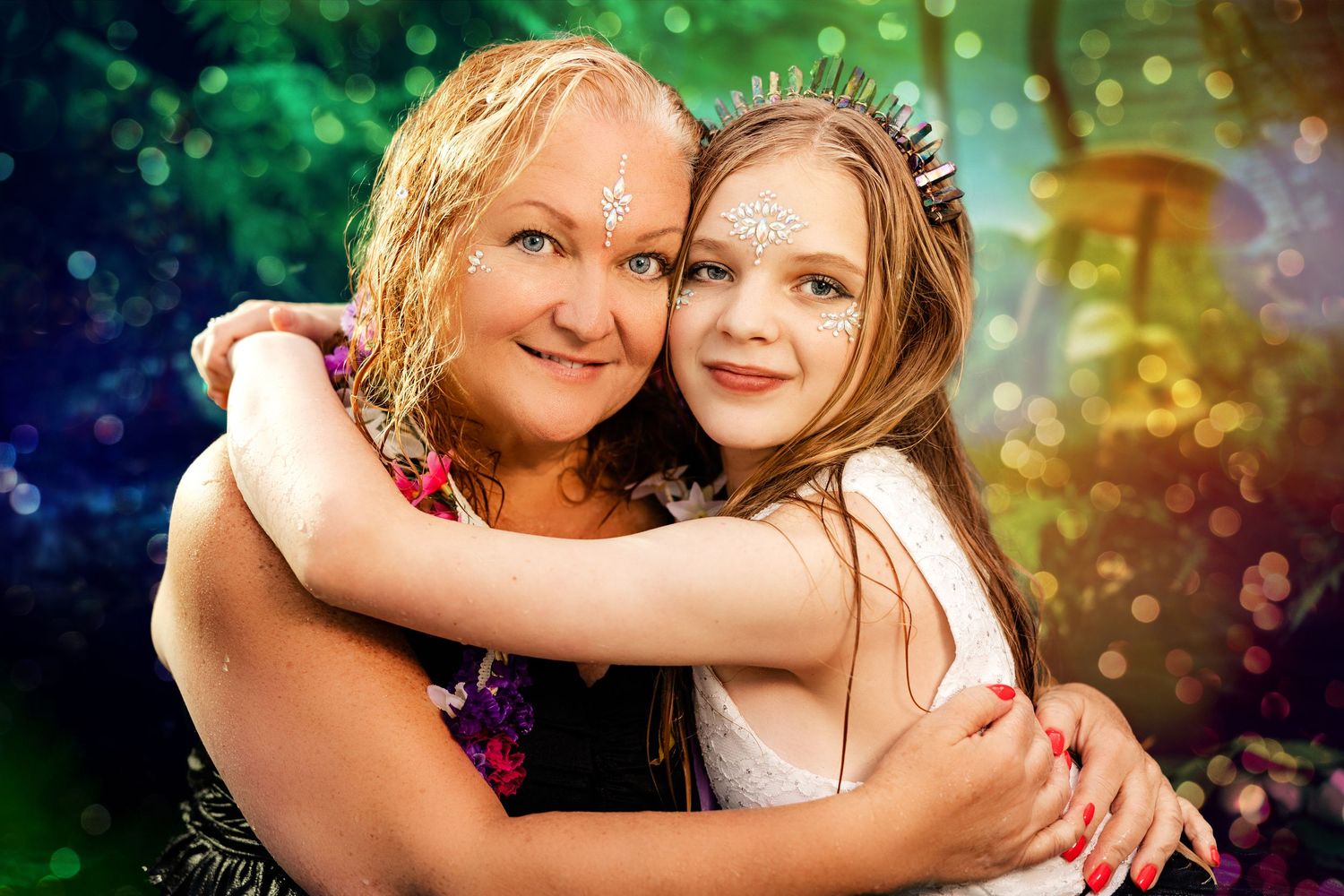 Two females in fairy costumes with jeweled accessories embrace in colorful magical forest setting.
