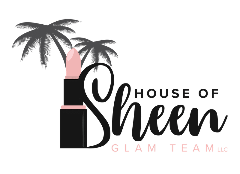 House of Sheen Glam Team LLC logo with lipstick and palm trees in black and pink.