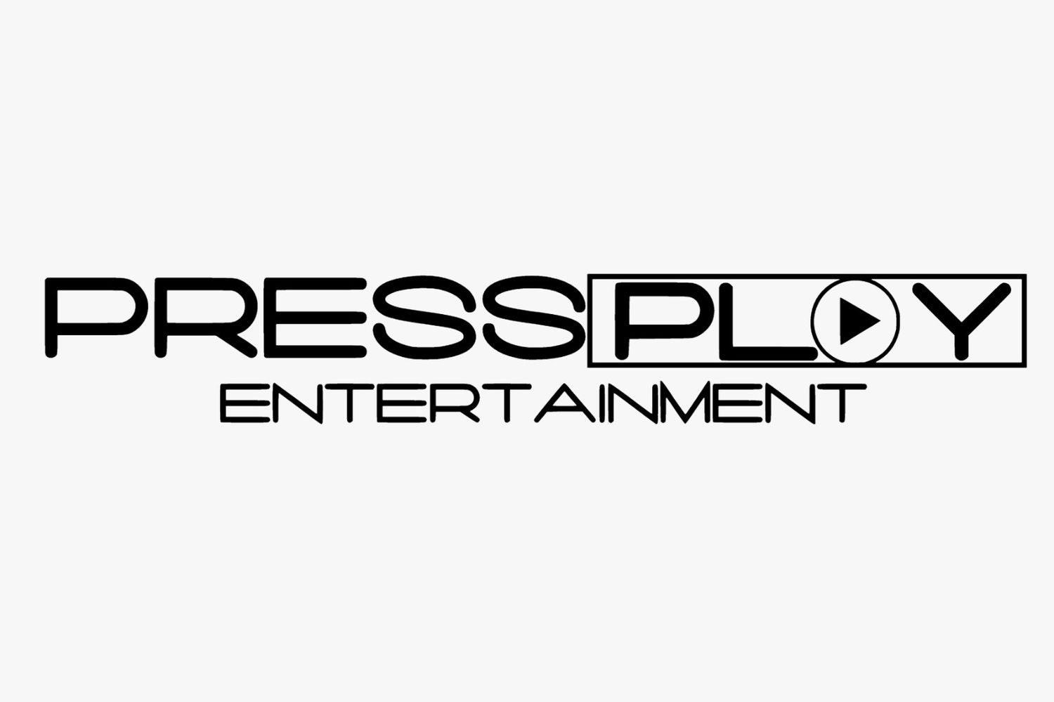 Press Play Entertainment logo featuring bold black text with a play button icon integrated into the design on a white background.
