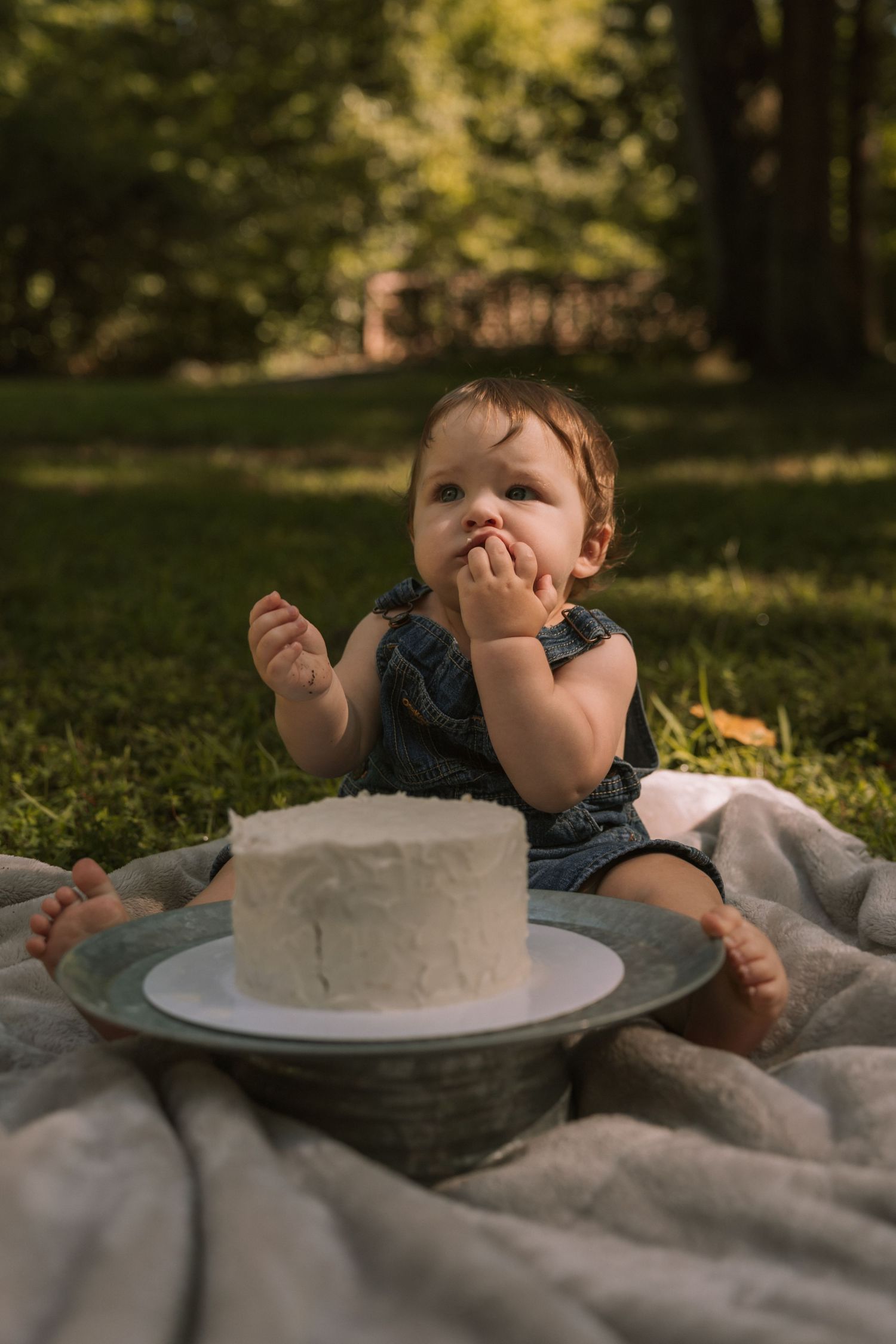 Baby in denim romper sitting on blanket outdoors with white smash cake during first birthday celebration in sunny park.
