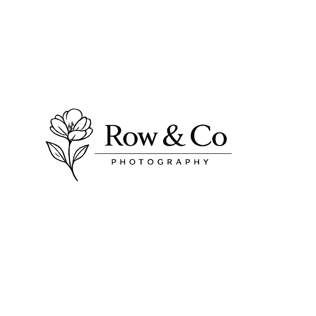 Row & Co Photography logo featuring elegant black line art of a blooming flower with leaves on white background.