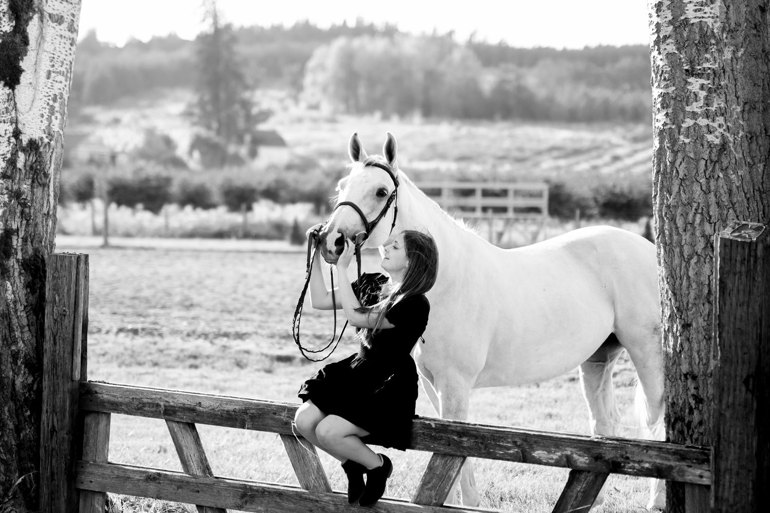 Person and horse share quiet moment by wooden fence in black and white photo.