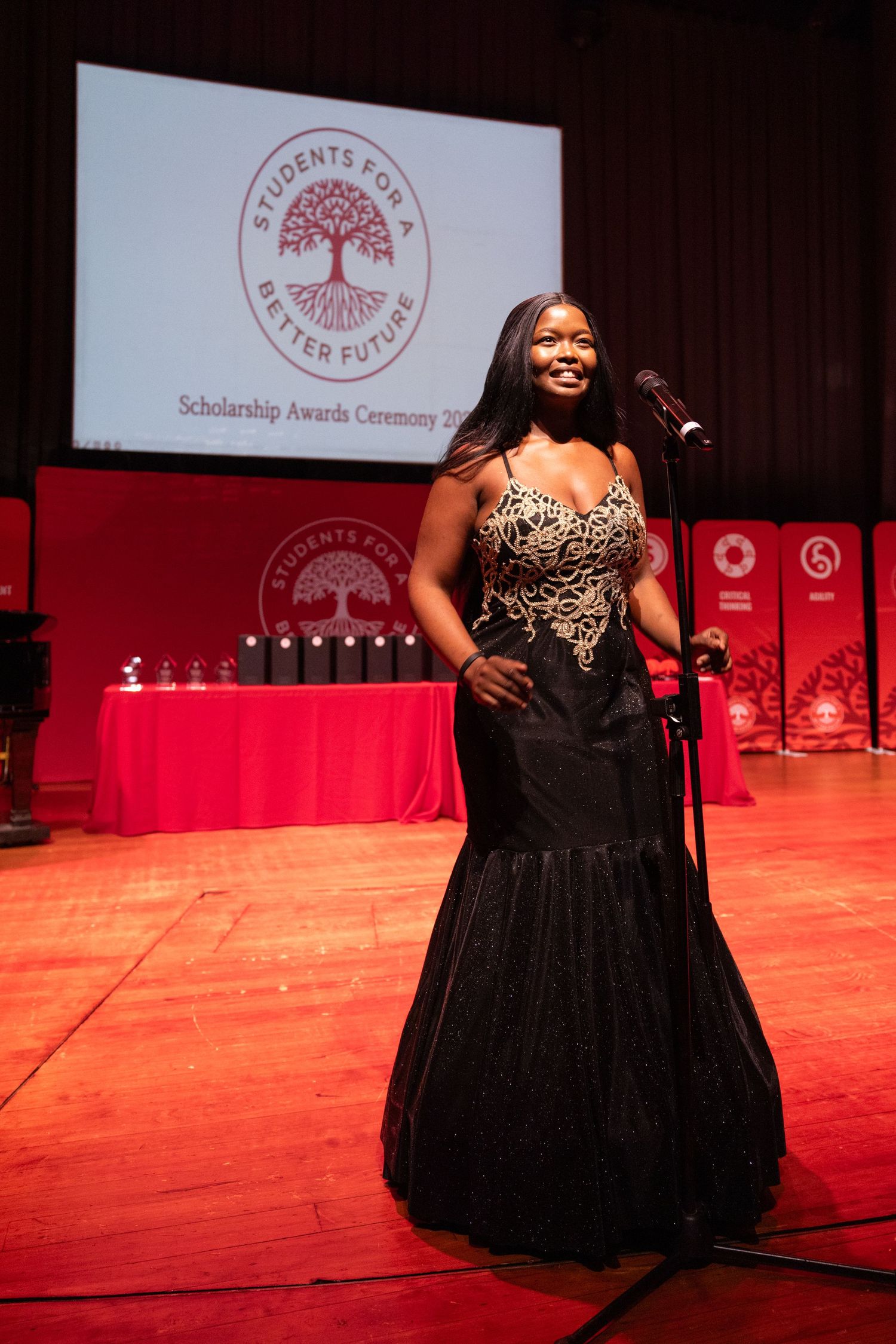 Performer in elegant black gown on stage with red lighting and organizational logos in background.